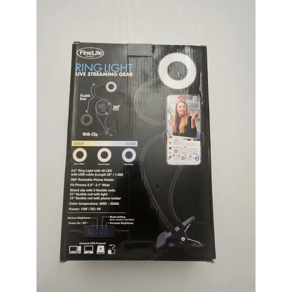FineLife Live Stream Gear 3.5" LED Ring Light with Phone Holder & Clip-On Stand - Picture 2 of 2